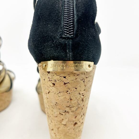 Jimmy Choo Black and and Gold Strappy Platform Cork Wedge Sandals 37.5 (7.5) - Picture 5 of 8